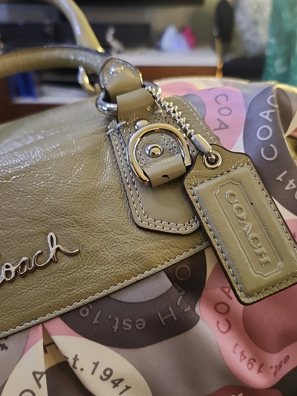 Coach Ashley Snaphead Satchel W/Pink & Olive Circle-Print Satin & Patent Trim - Picture 11 of 16